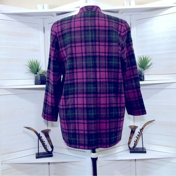 Vintage 90s Emily in Paris style dark magenta plaid pea coat sz XL - Picture 2 of 9